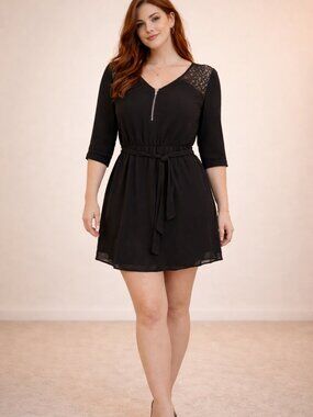 Maurices Black Lace Shoulder Dress | 3/4 Sleeve Zip Front Belted Mini